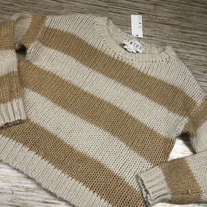 W-158~ Hiatus Womens Pullover Sweater Beige Stripe Long Slv Crew Neck Ribbed S